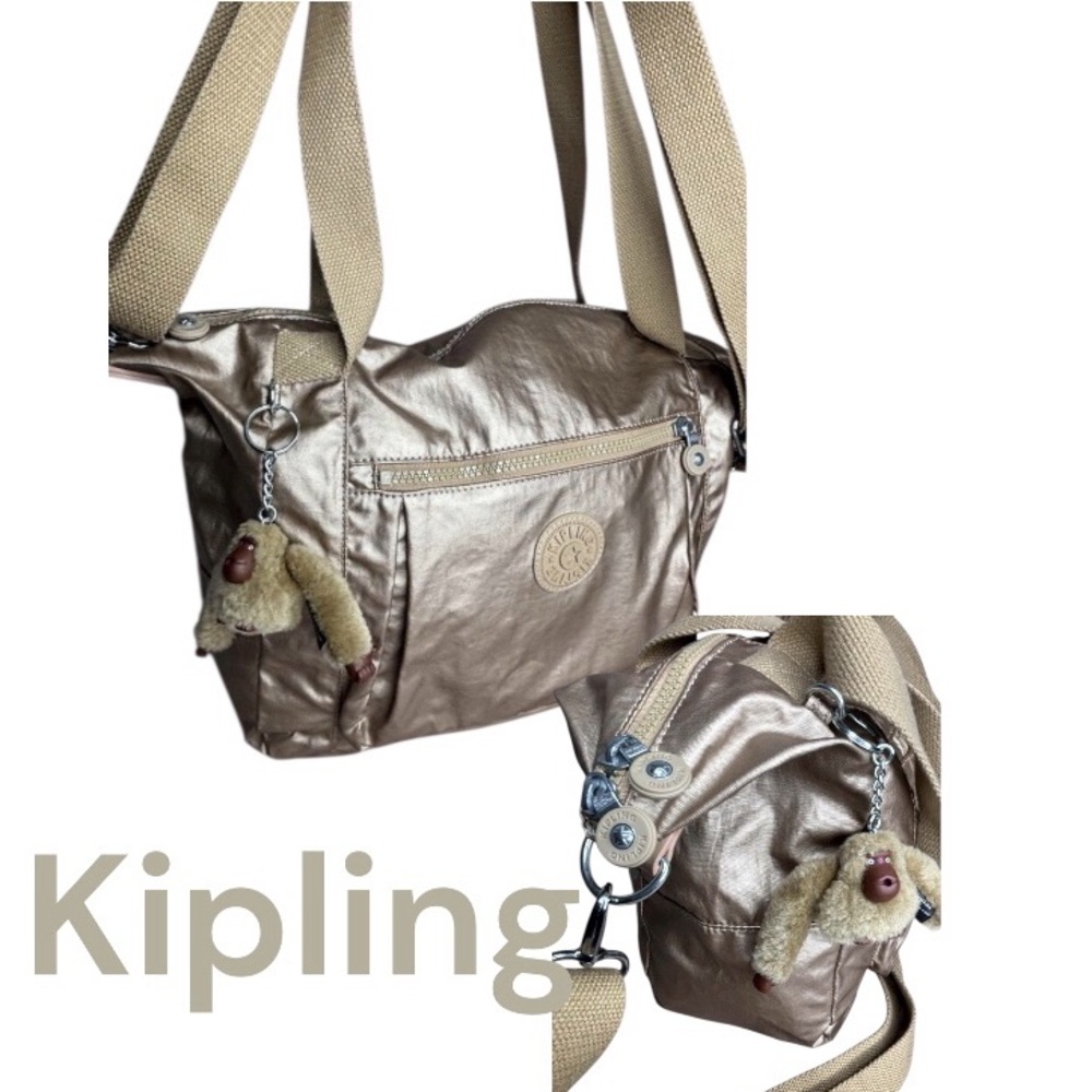 KIPLING  metallic Gold large shopper,  weekender,gym tote bag With Charm